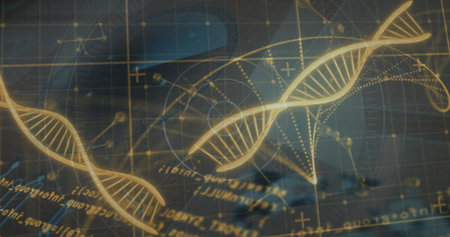 Golden DNA helices gliding over virtual laboratory interface, with molecular diagrams. Biotechnology, innovation, schematic, futurism, science, digital, researchの写真素材