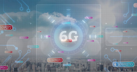 Displaying 6G HUD overlaying city skyline, with radial bars numeric tags and circuit nodes. Futuristic, technology, interface, digital, urban, augmented reality, innovationの写真素材