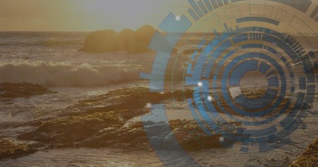 Crashing sunlit ocean waves hitting jagged rocky shoreline at sunset, with digital HUD graphic....