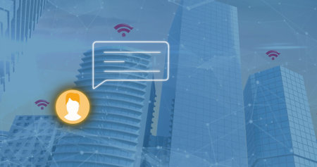 Displaying neon chat bubble avatar icon over city towers, with network nodes, magenta signals. Technology, communication, cyber, innovation, digital, connectivity, futuristicの写真素材