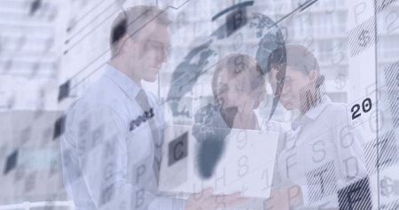 Reviewing three business professionals analyzing global data in modern office with laptop overlays....