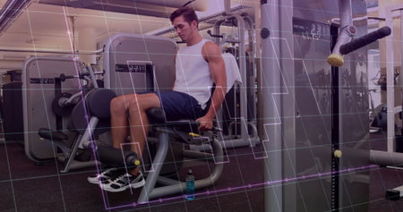 Performing leg extensions on machine man wearing white shirt, dark shorts at gym with water bottle....