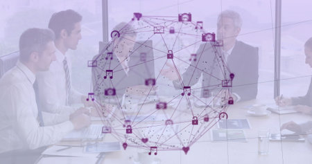 Discussing six professionals in suits analyzing charts at table, with digital network overlay....