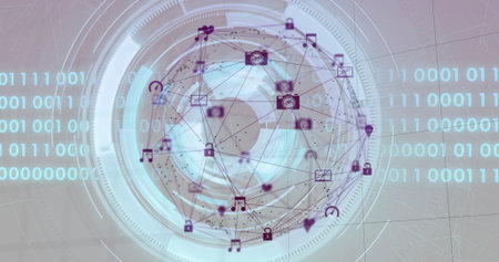 Floating 3D sphere connecting icons on UI, with padlock, camera, music, envelope, pin, headset. Technology, data, innovation, cyberspace, connectivity, cybersecurity, digitalの写真素材