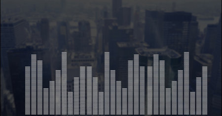 Displaying audio equalizer overlay over metropolitan skyline at dusk, featuring vertical white bars. Urban, skyline, modern, abstract, technology, digital, nightscapeの写真素材