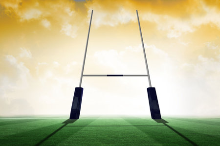 Rugby goal post is standing on green field under golden clouds, flat design illustration. Athletics, sports, training, outdoors, minimalism, sunrise, ambitionの写真素材