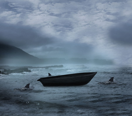 Sail boat being circled by sharks at nightの写真素材