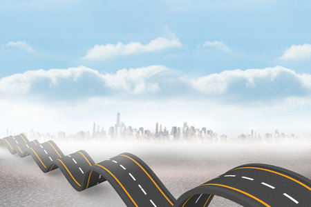 Flat three-lane asphalt road is rising across desert with white and yellow markings, misty skyline. Asphalt, landscape, transportation, modern, urban, minimalistic, landscape designの写真素材