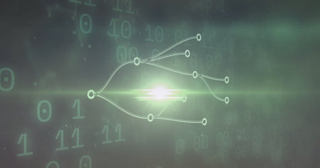 Radiating central light flare over digital space, with glowing network diagram and binary digits....