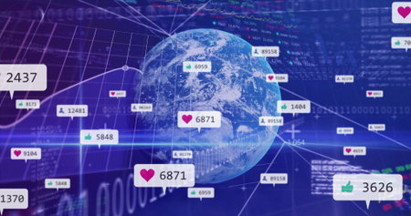 Rotating 3D Earth globe showcasing network dashboard, with binary code and social media pop-ups. Global, technology, futuristic, innovation, data, connectivity, analyticsの写真素材