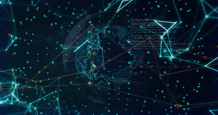Displaying wireframe globe spinning in cyber network with teal nodes, data points and code snippets....