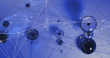 Connecting translucent nodes with connectors forming web in virtual space, highlighting data points. Technology, connectivity, digital, futurism, innovation, network, abstractの写真素材