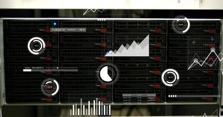 Displaying blade server rack with red locking tabs and data visualization overlay in server room....