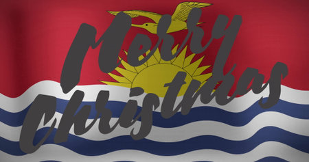 Displaying dark gray cursive Merry Christmas text over Kiribati flag in graphic design. Festive, patriotic, holiday, celebration, digital, greeting, vibrantの写真素材