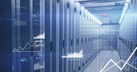 Displaying server rack corridor in data center with cable trays hosting floating analytics overlays....