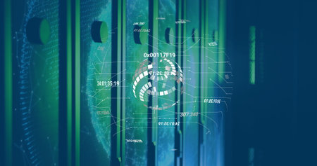 Projecting data rings and codes, hologram interface lighting server room racks with green blue glow....