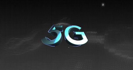 Floating 3D metallic teal and blue 5G letters hovering in digital background, with dotted wave mesh....