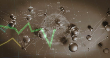 Displaying metallic spheres and moon-like orb over grid, with green yellow chart and numeric data....