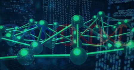Network of green glowing spheres floating above grid in digital space, with lines, code, red helix....