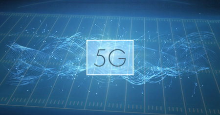 Highlighting white frame showing 5G text in digital data grid, with light-blue particle waveforms....