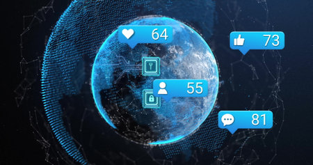 Rotating blue globe showing heart, like and comment bubbles in network space, with padlock icons....