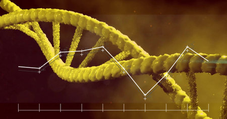 Displaying yellow DNA double helix twisting inside virtual space, with line chart and axis ticks. Scientific, technology, data, visualization, digital, futuristic, innovationの写真素材