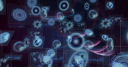Manipulating holographic panels with hand in virtual interface, displaying world map projections....