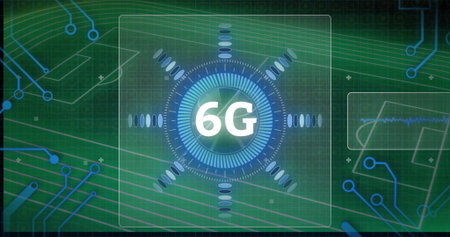 Displaying central 6G gauge rotating tick marks and radial bars on grid background, overlay panels....