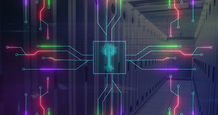 Extending data center corridor displaying neon circuit lines, with raised floor tiles and tree icon....