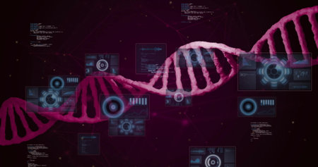 Winding magenta DNA double helix diagonally in digital space, with floating holographic UI panels....