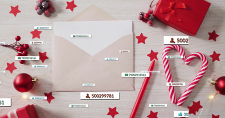 Displaying beige envelope with card on wooden tabletop, with candy cane heart and notification tags....