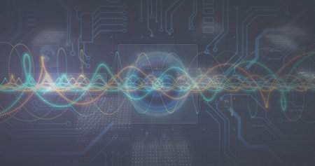 Displaying multicolored waveforms rippling around ring pattern on digital panel, with data nodes....
