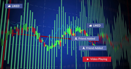 Displaying trading chart fluctuating on grid screen with bar graph and candlesticks, social badges....