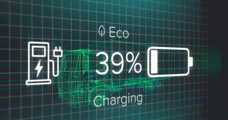 Wireframe electric truck charging in grid, with Eco icon showing 39% battery icon and station icon....