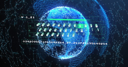 Floating glowing digital globe rotating in dark network space, with code panels showing numbers....