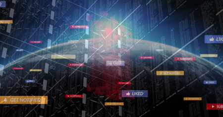 Displaying digitally rendered globe streaming code in virtual cyberspace, with floating UI panels....