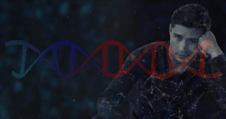 Leaning Pacific Islander man on hand at virtual lab, DNA helix and network nodes, copy space....