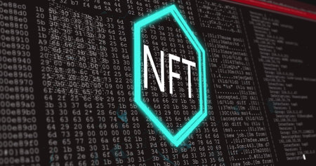 Displaying glowing neon green hexagon with NFT letters on software dashboard, with code and logs. Cybersecurity, blockchain, digital, technology, data, encryption, programmingの写真素材