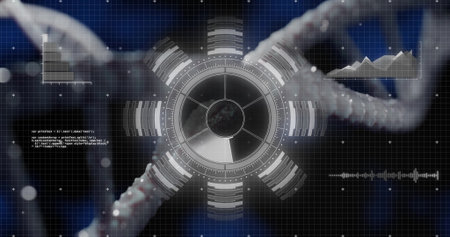 Displaying circular HUD in digital lab with DNA helix charts code snippet and waveform. Futuristic,...