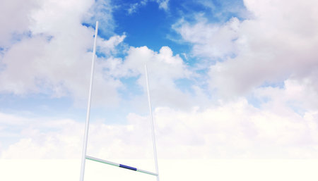 Tall white goalposts are standing on sports ground under bright partly cloudy sky in flat design. Athletics, outdoor, minimalistic, landscape, sports, active, leisureの写真素材