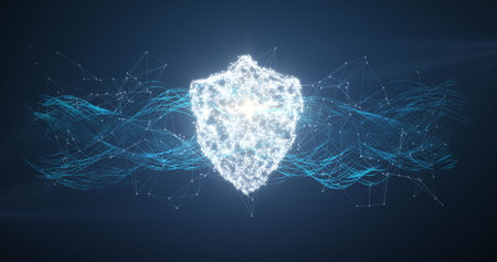 Digitally generated image of glowing shield and connecting lines against blue background