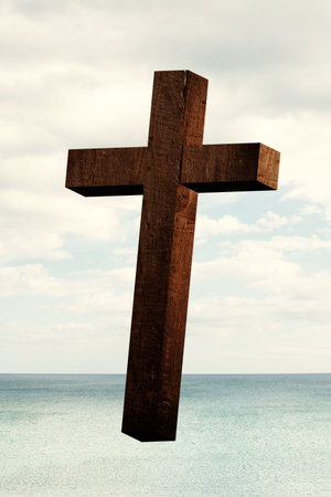 Wooden cross floating over calm turquoise sea under pale cloudy sky in flat design. Spiritual, contemplative, minimalist, serene, nature, symbolism, tranquilityの写真素材