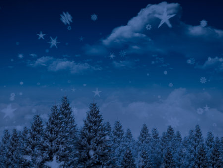 Digitally generated Night sky over forestの写真素材