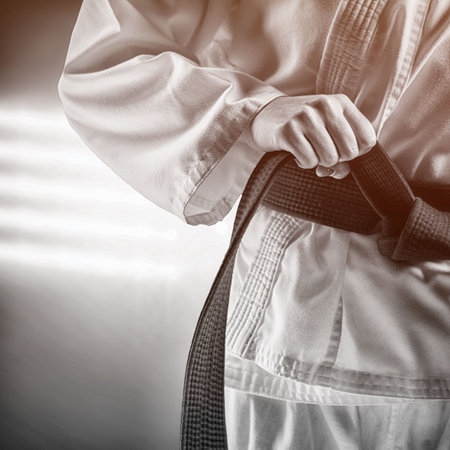 Midsection of male martial artist tying belt on uniformの写真素材