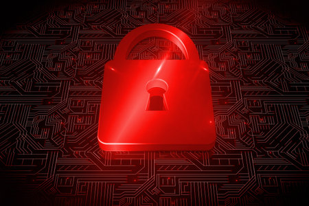 Shiny red lock on black backgroundの写真素材