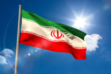 Iran national flag on blue sky backgroundの写真素材