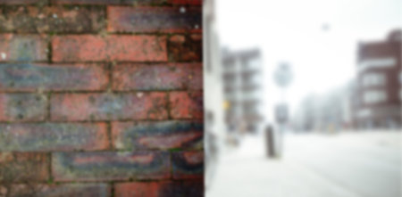 Flat design is showing split urban scene with red brick wall and blurred sidewalk signs. Urban,...