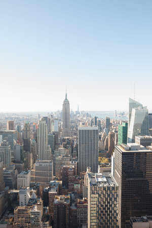 Flat vector illustration is showing city skyline with Empire State Building and rooftop details. Urban, architecture, modern, commercial, cityscape, skyline, professionalの写真素材
