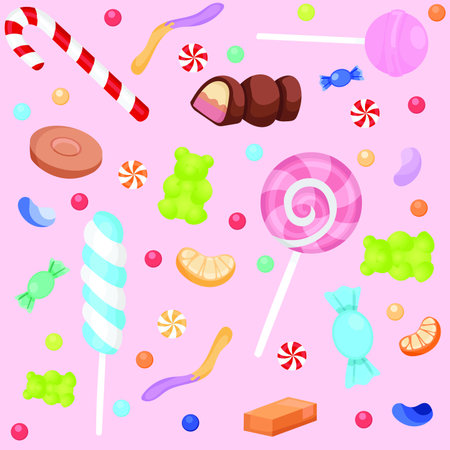 Square image of various sweets, candies, lollipops, gummies and chocolates on pink background. Childhood, sweets, treats and unhealthy foods concept digitally generated image.の写真素材