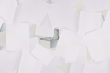 Cluster of overlapping blank sheets is revealing airplane blueprint on graph paper, flat design....
